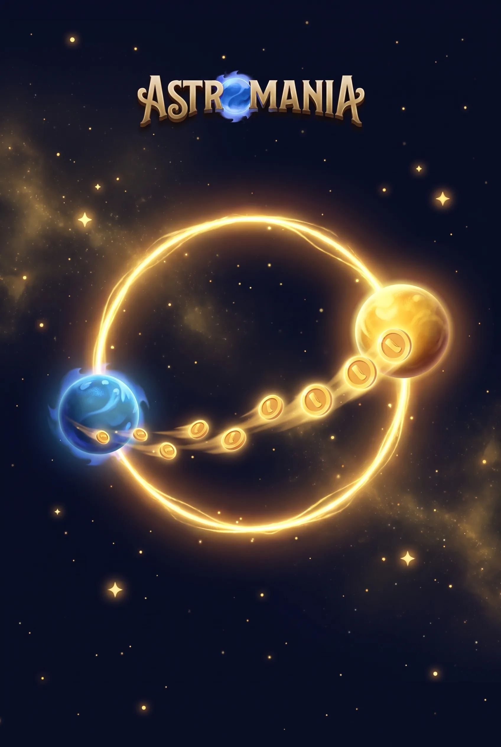 Goldene Münzen zwischen zwei Planeten als Motiv zu Astromania-Zahlungen