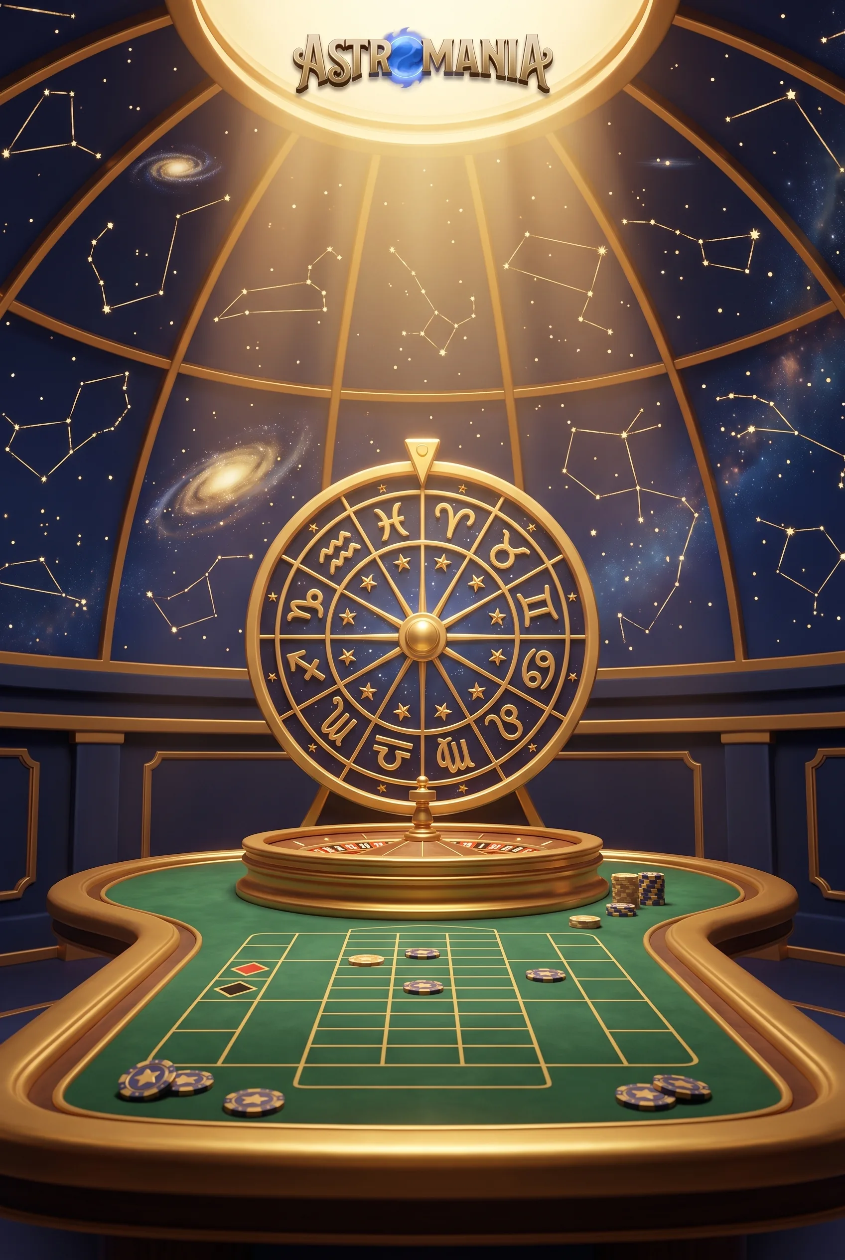 Astromania-Live-Casino mit goldenem Rouletterad unter einem Sternenhimmel