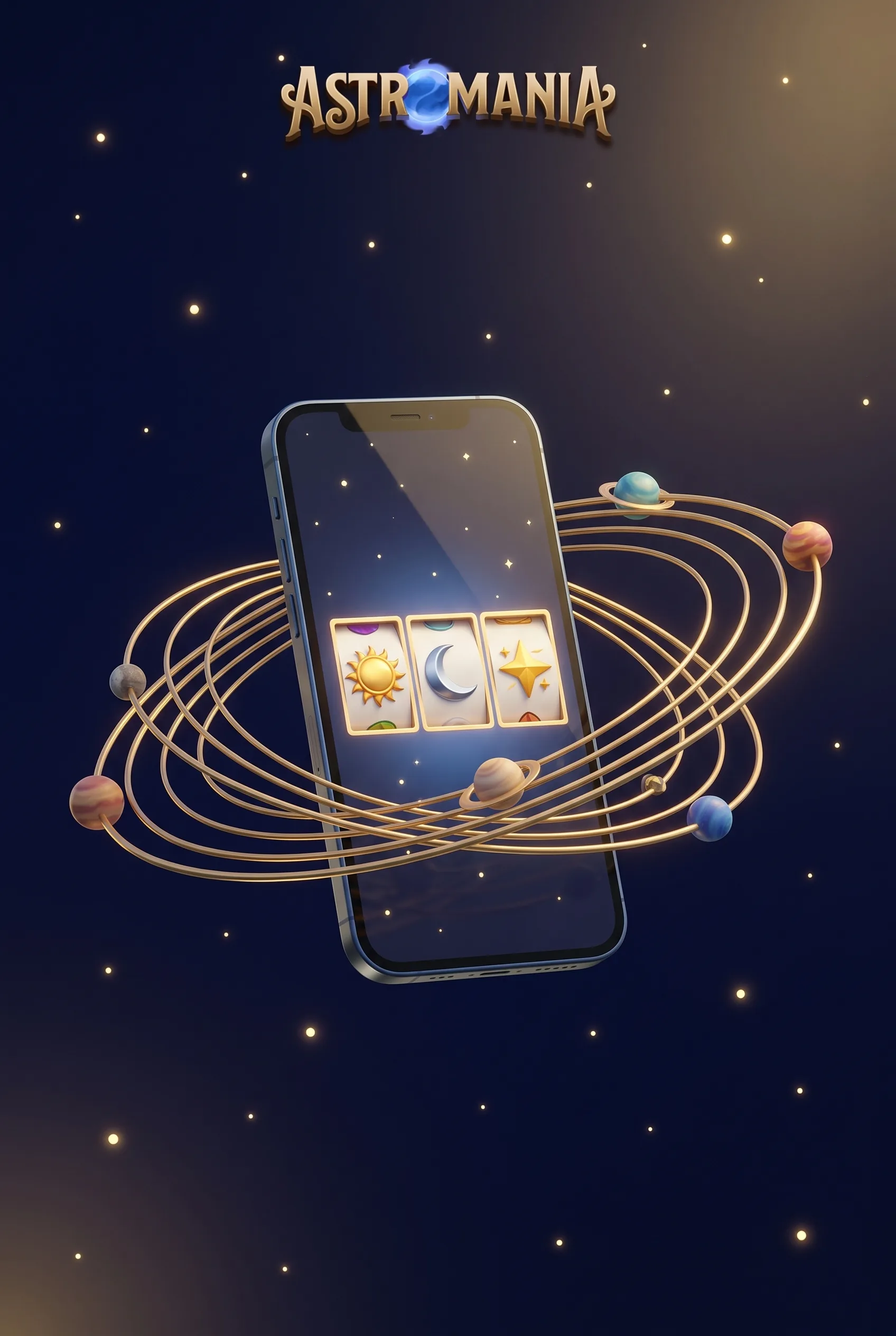 Smartphone mit Astromania-Slots zwischen goldenen Planetenbahnen