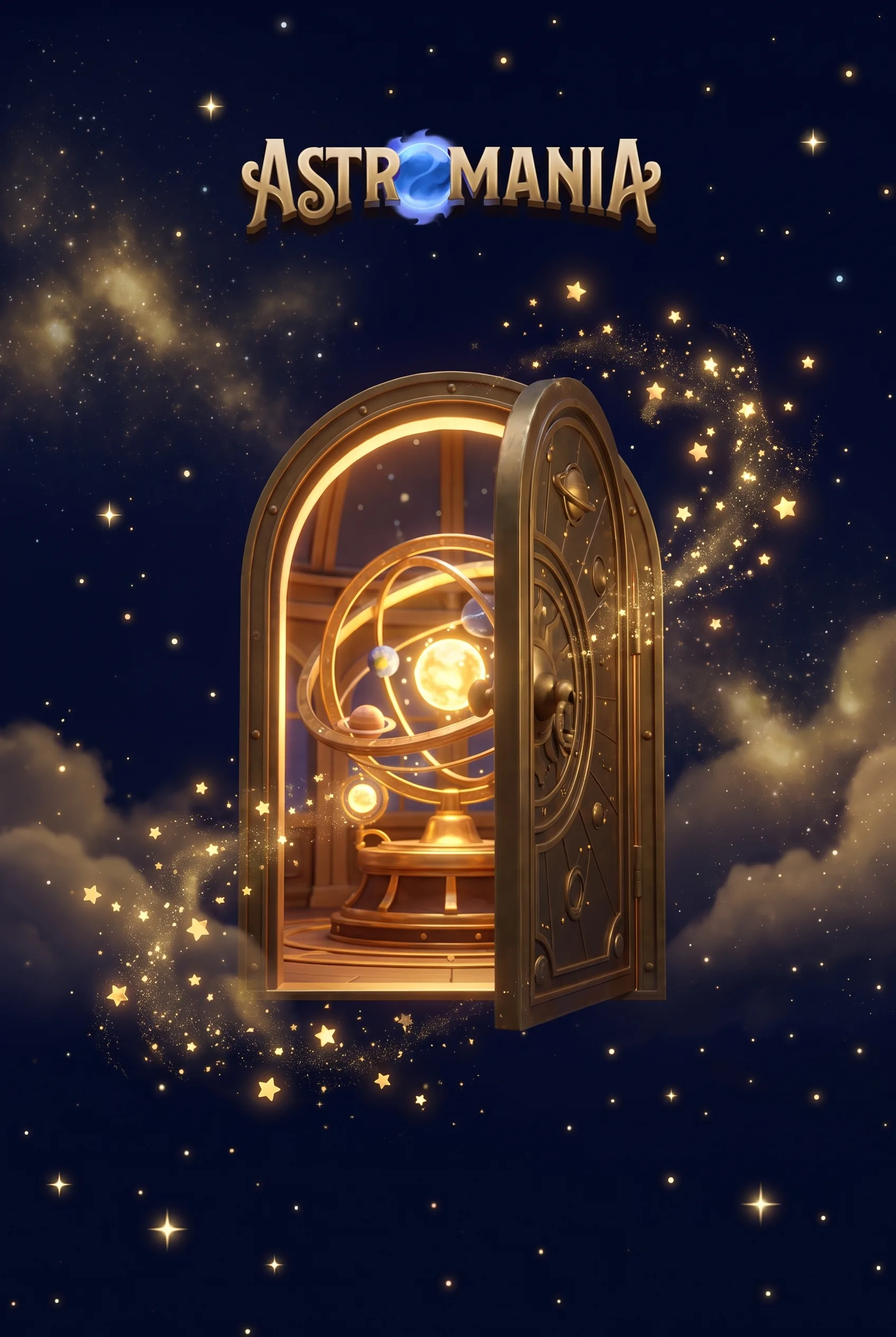 Geöffnete goldene Tür mit Astromania-Planetarium als Motiv zur Registrierung