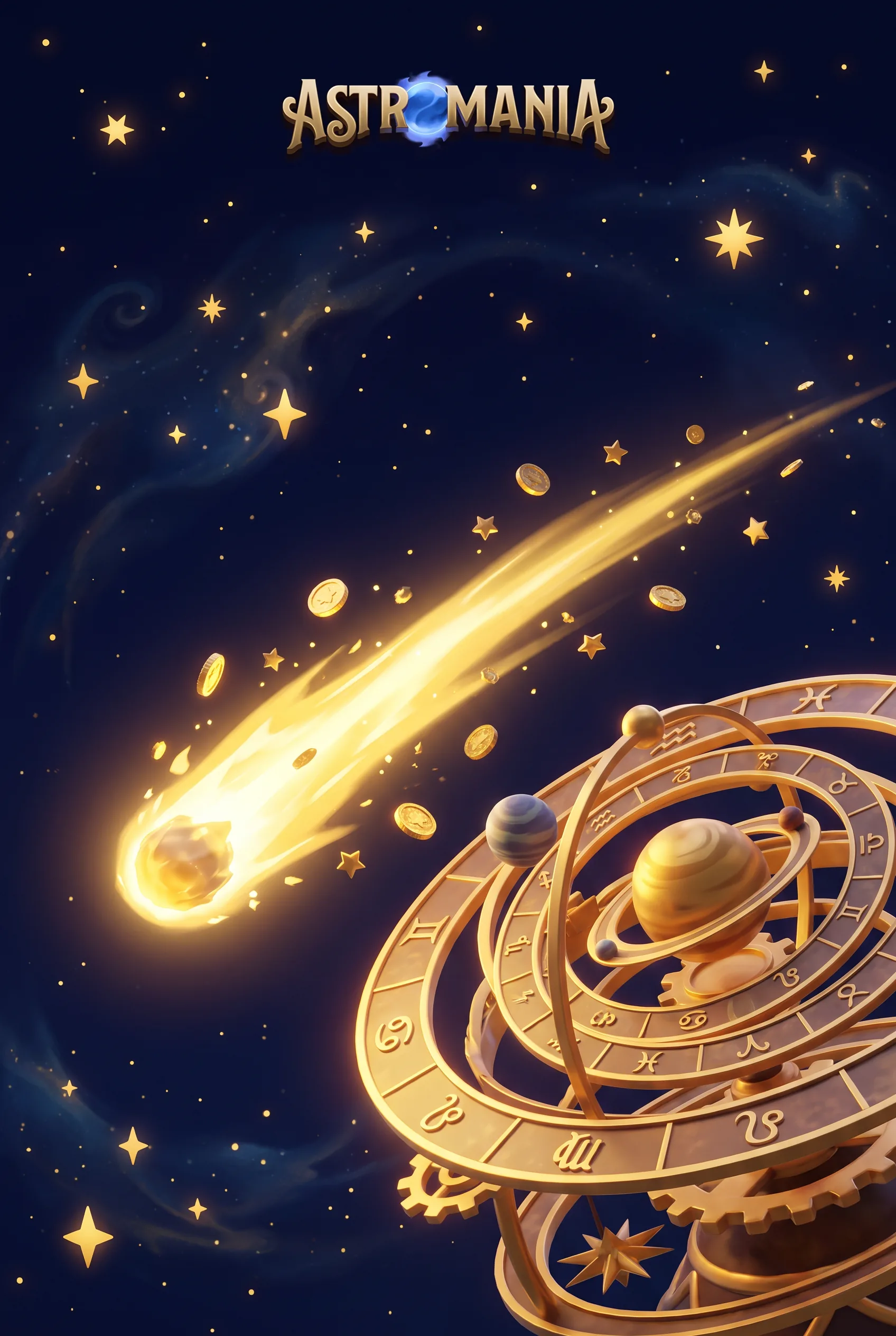 Astromania-Willkommensbonus mit goldenem Kometen und Planetarium